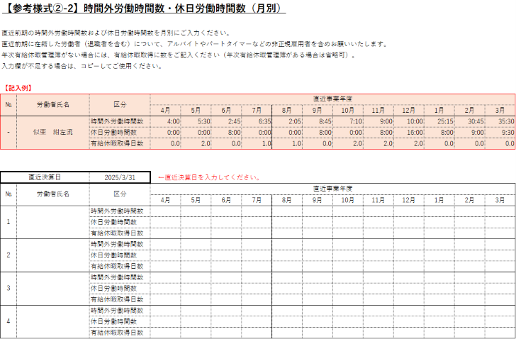【参考様式②-2】時間外労働時間数・休日労働時間数（月別）年次有給休暇